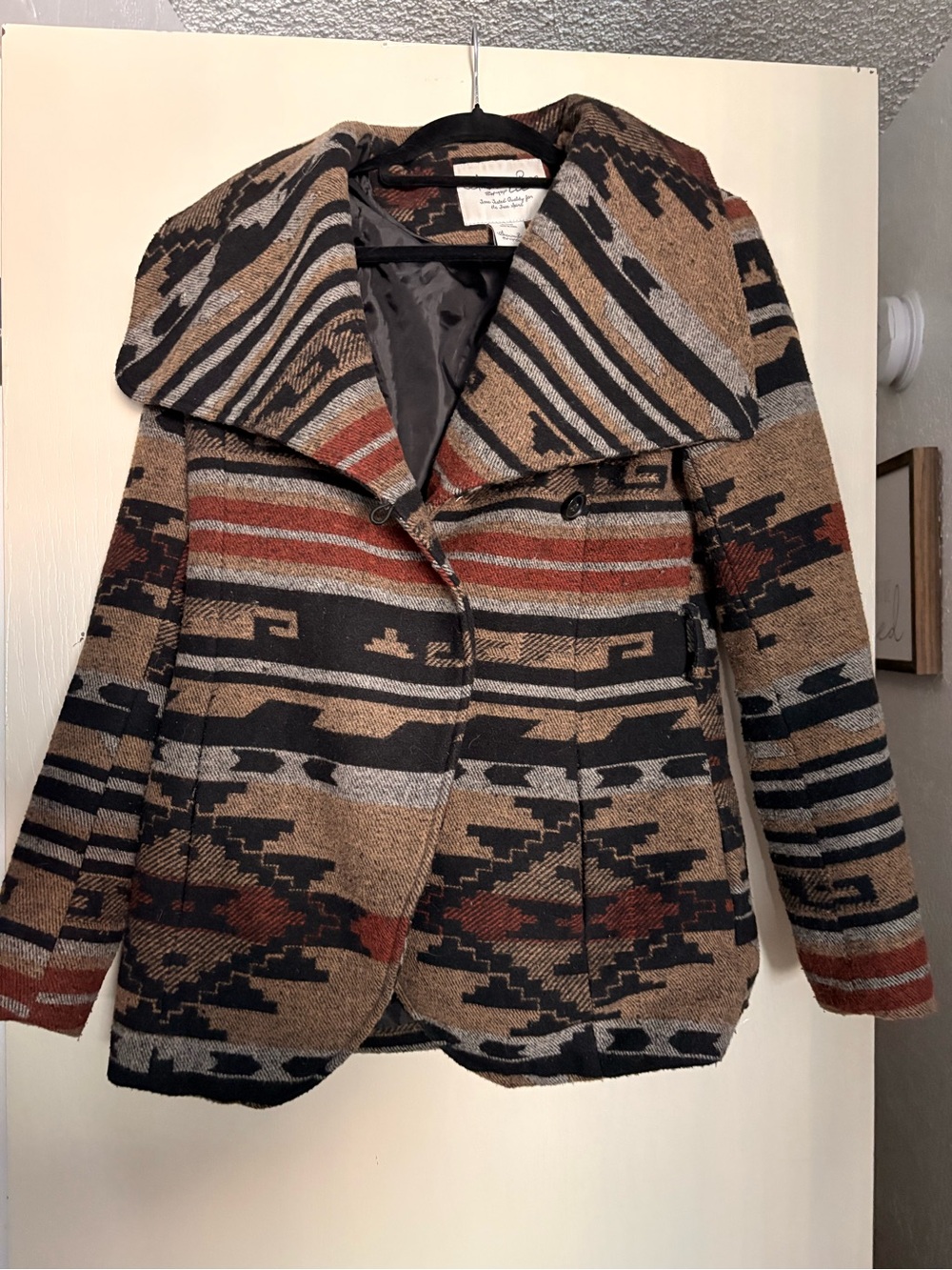 American Rag Southwestern Shawl Collar Coat in Brown, Black and Rust